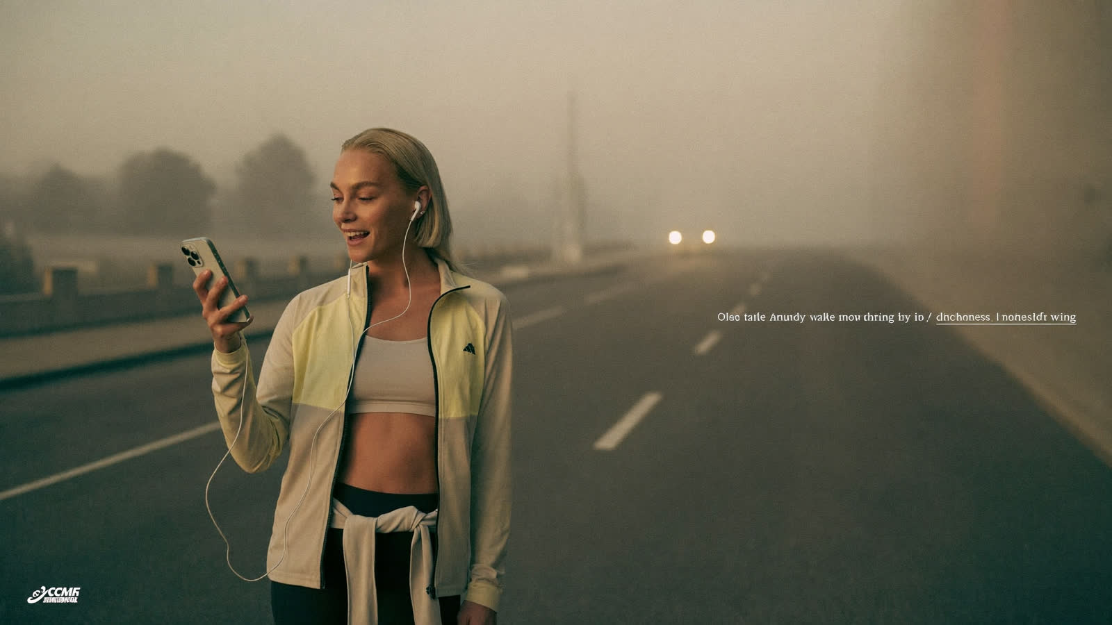 A woman listening to a voice message on a misty street at dawn